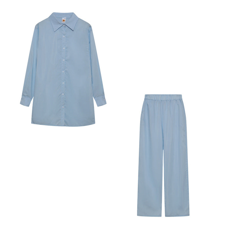 Damen Satin Pyjama Set mit langärmliger Bluse und weiten Hosen Heidi-Mode