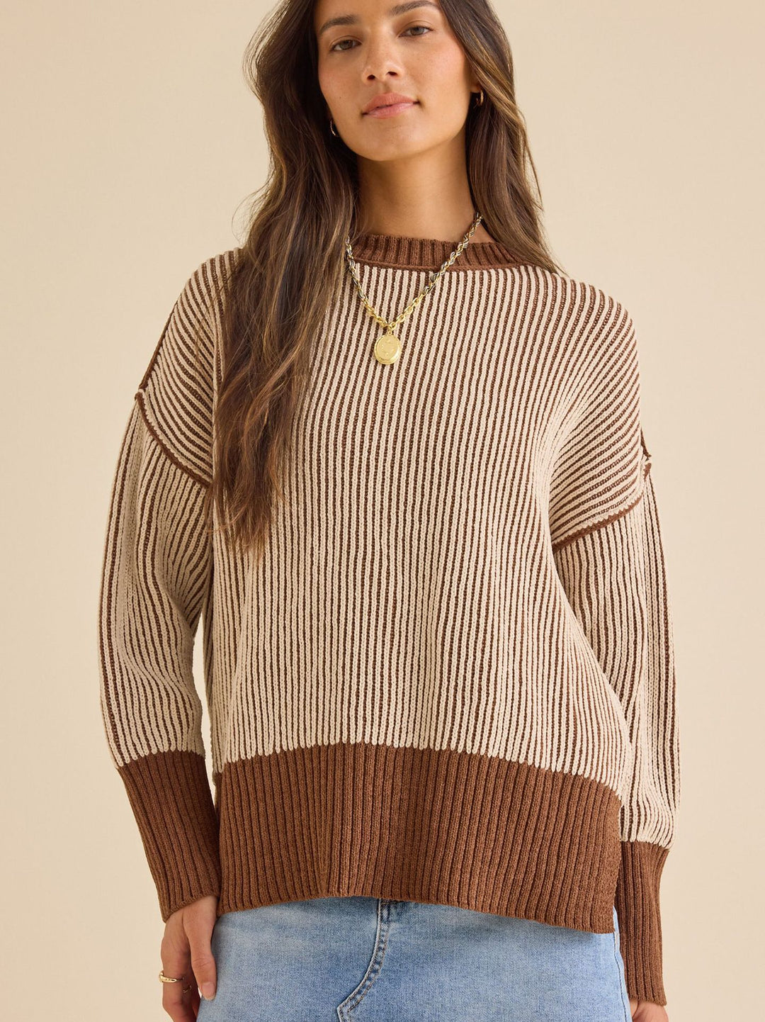 Damen lässiger Strickpullover mit modernem Rippenmuster und überschnittenen Schultern Heidi-Mode