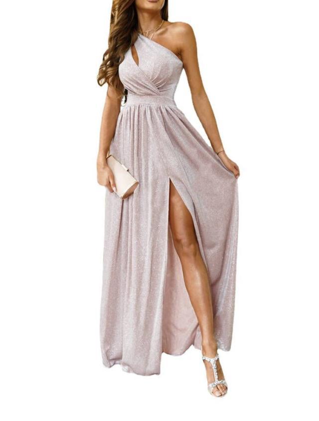 Damen elegantes Abendkleid mit asymmetrischem Ausschnitt und Seitenschlitz Heidi-Mode