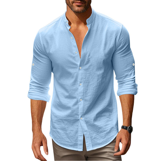Herren Langarm-Hemd mit modischem Stehkragen und Knopfdetails Heidi-Mode