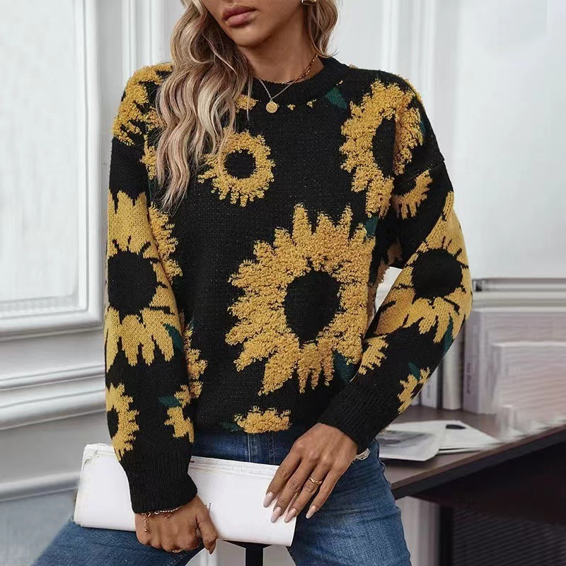 Damen Grobstrickpullover mit floralen Applikationen Heidi-Mode