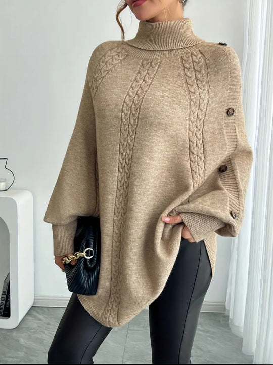 Damen Eleganter Strickponcho mit Rollkragen und Zopfmuster Heidi-Mode
