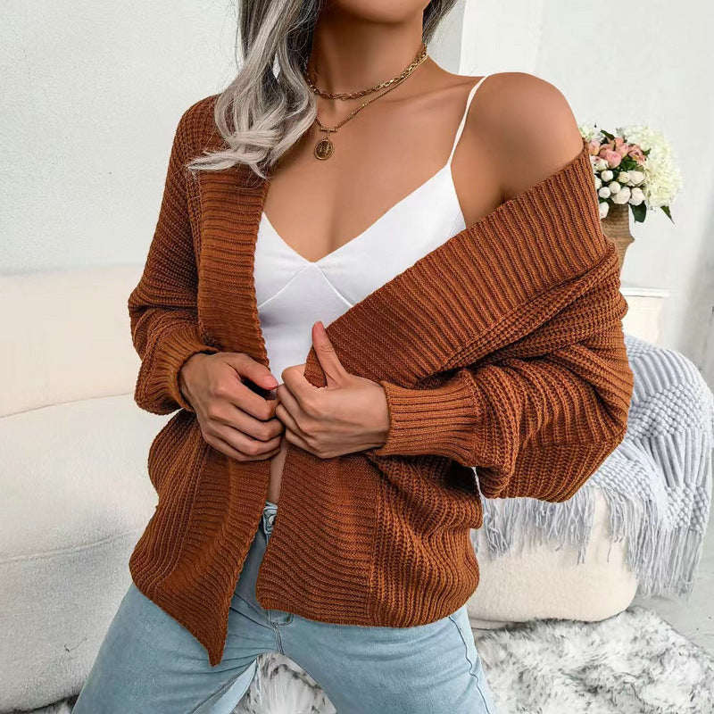 Damen Grobstrick Cardigan mit weit geschnittenen Ärmeln und offenem V-Ausschnitt Heidi-Mode