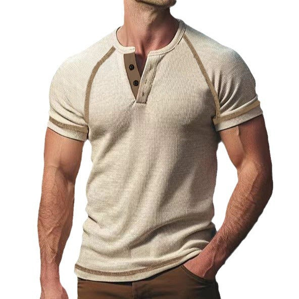 Herren Kurzarm-Henley-Shirt aus atmungsaktivem Strukturmaterial mit dekorativer Knopfleiste Heidi-Mode