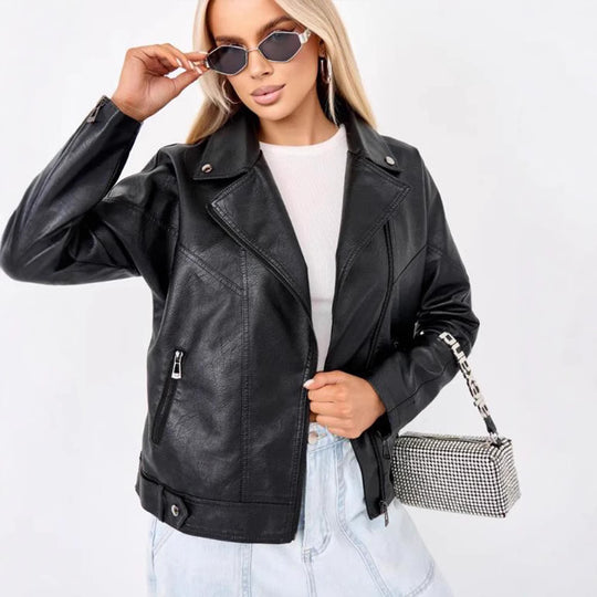 Damen hochwertige Kunstlederjacke im Biker-Stil mit asymmetrischem Reißverschluss Heidi-Mode