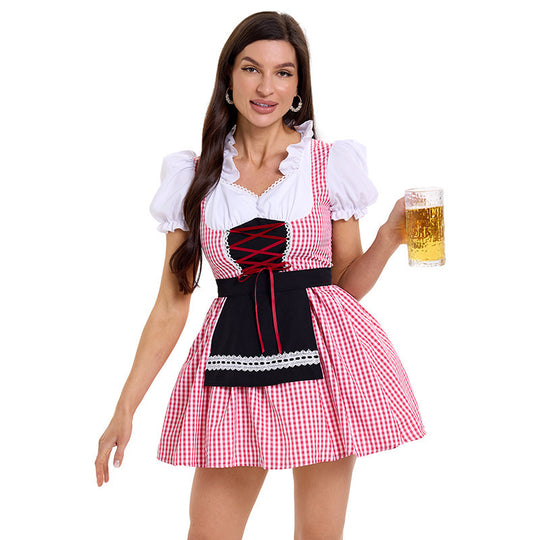 Damen Trachtenkleid im modernen Latzdesign mit nostalgischen Karomustern und verspieltem Schürzenakzent Heidi