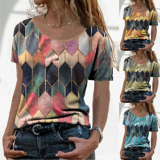 Damen Kurzarm Oberteil mit geometrischem Muster Heidi-Mode