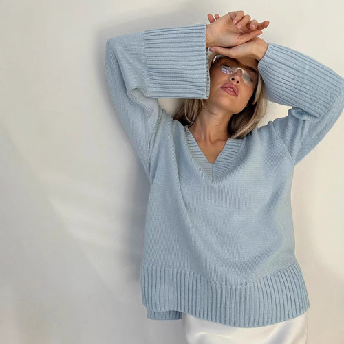 Damen lässiger V-Ausschnitt Pullover mit strukturierter Textur Heidi-Mode