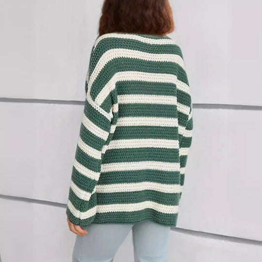 Damen lässiger gehäkelter Pullover mit modernen Blockstreifen Heidi-Mode