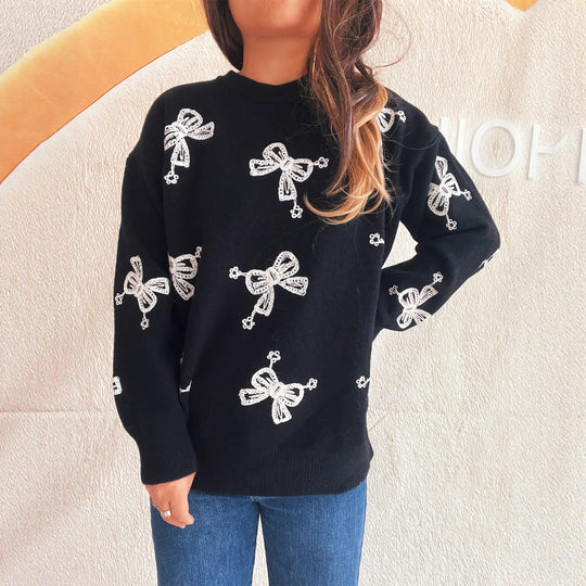 Damen Pullover mit verspieltem Schleifenmotiv und lässigem Schnitt Heidi-Mode