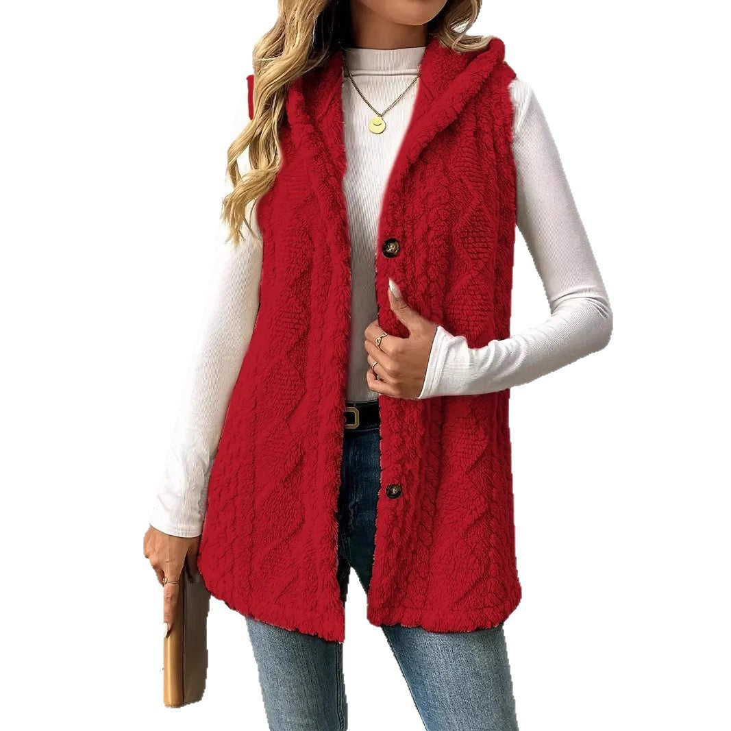 Damen Kuschelige Fleece-Weste mit Kapuze und Knopfverschluss Heidi-Mode