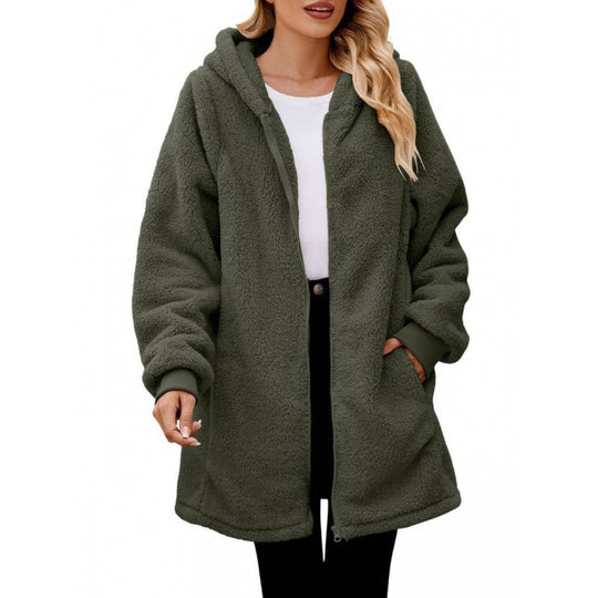Damen weiche und kuschelige Fleecejacke mit Kapuze und Seitentaschen Heidi-Mode