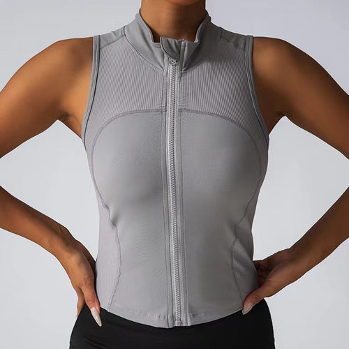 Damen Körperbetonendes Sportoberteil mit Reißverschluss und Stehkragen Heidi-Mode