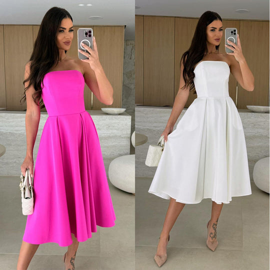 Damen A-linien Cocktailkleid mit trägerlosem Schnitt und schwingendem Rock Heidi-Mode