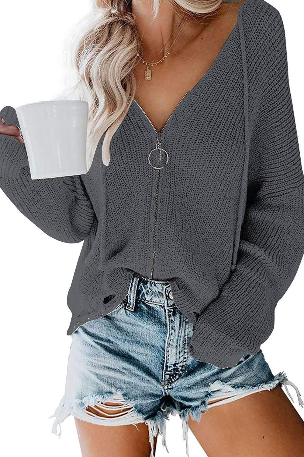 Damen V-Ausschnitt Strickpullover mit Reißverschluss Heidi-Mode
