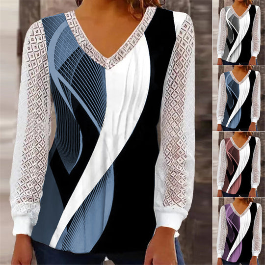Damen modisches Oberteil mit raffinierten Spitzenärmeln und geometrischem Design Heidi-Mode