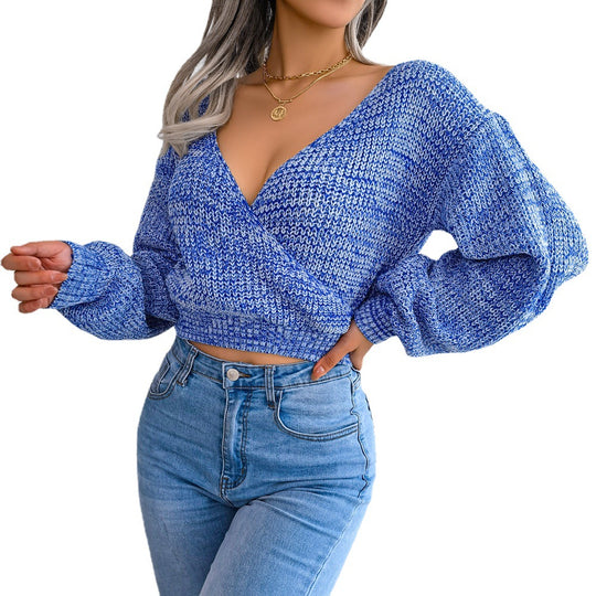 Damen Modischer Crop-Top Strickpullover mit V-Ausschnitt und weiten Ärmeln Heidi-Mode