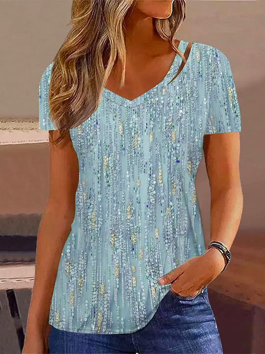 Damen V-Ausschnitt T-Shirt mit Glitzer-Detail und lockerer Passform Heidi-Mode