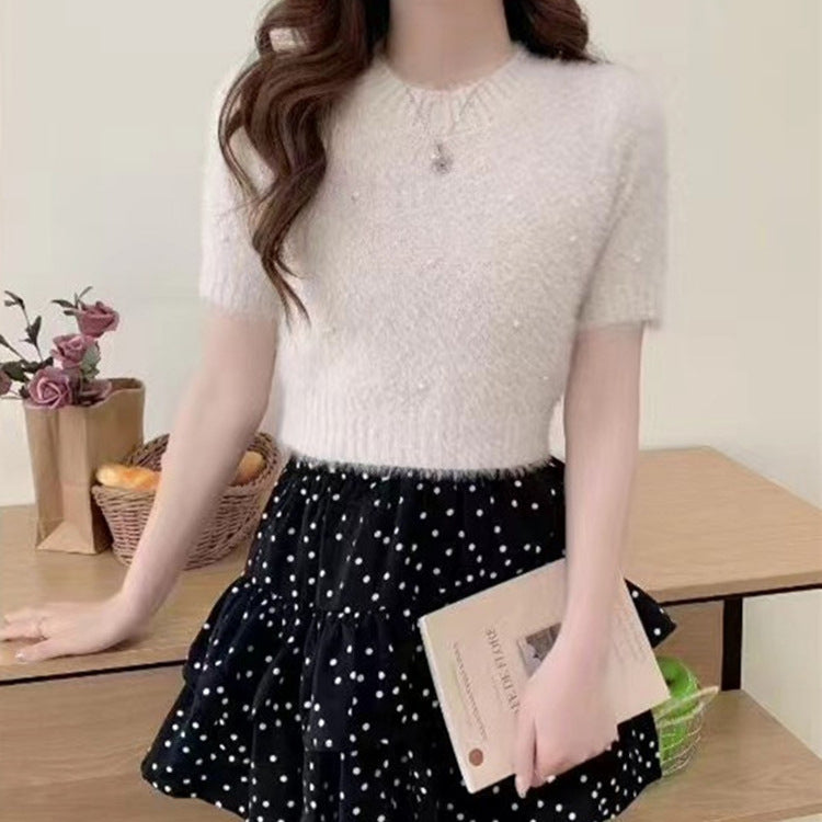 Damen cropped Pullover mit zarten Perlen Heidi-Mode