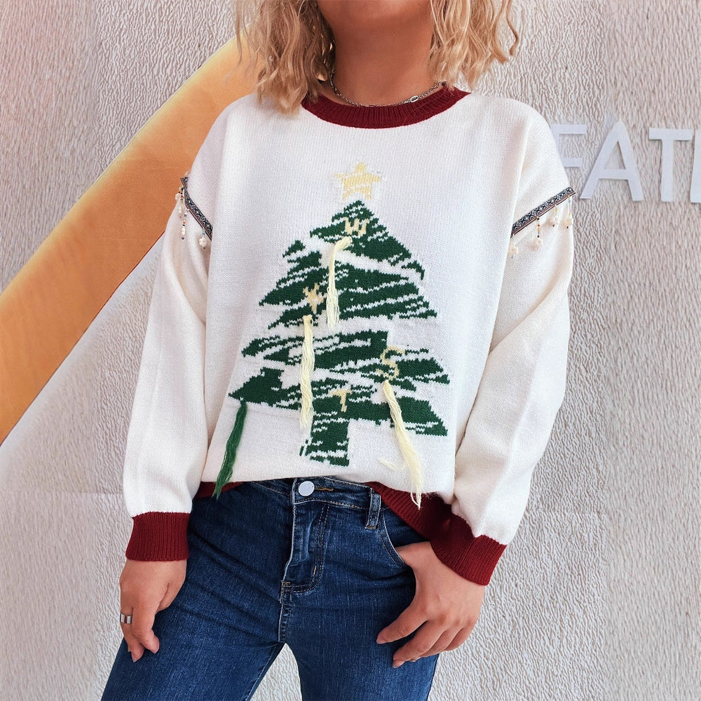 Damen Weihnachts-Pullover mit festlichem Baum-Motiv und edlen Details Heidi-Mode