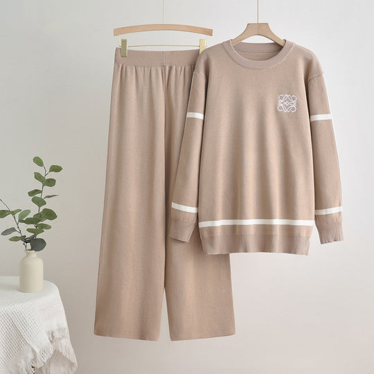 Damen modisches Freizeit-Loungewear-Set mit breiten Beinen und dezentem Logo Heidi-Mode
