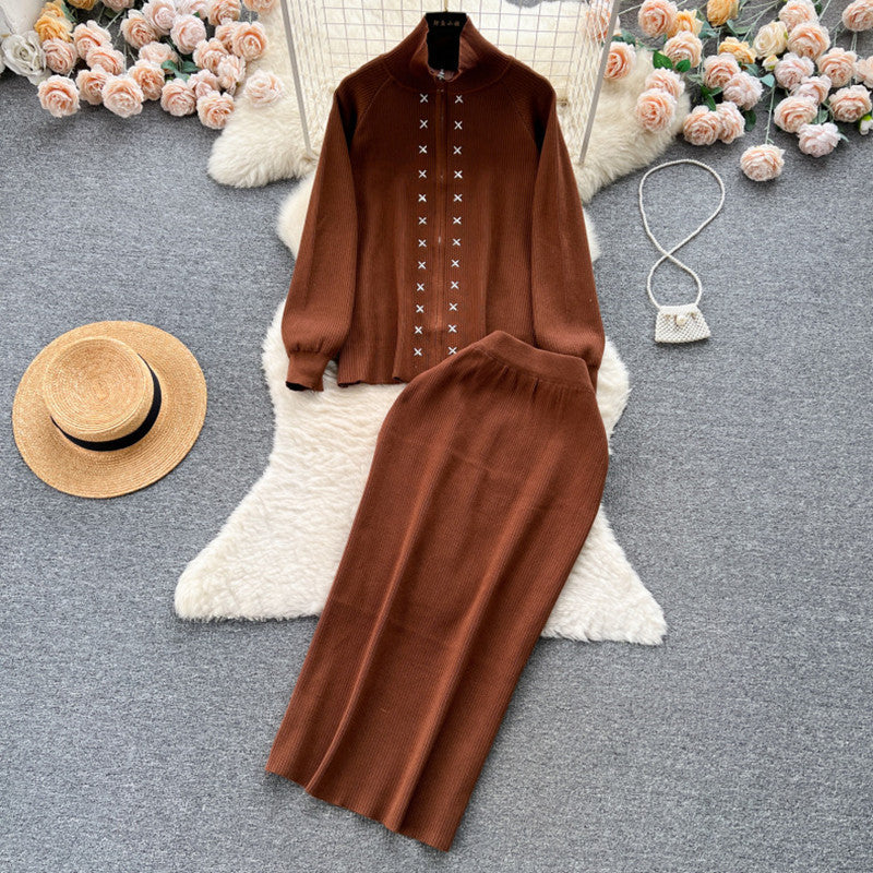 Damen eleganter Strickanzug mit Reißverschluss Heidi-Mode