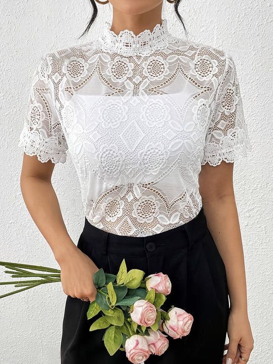 Damen Spitzentop mit Stehkragen und romantischen Details Heidi-Mode