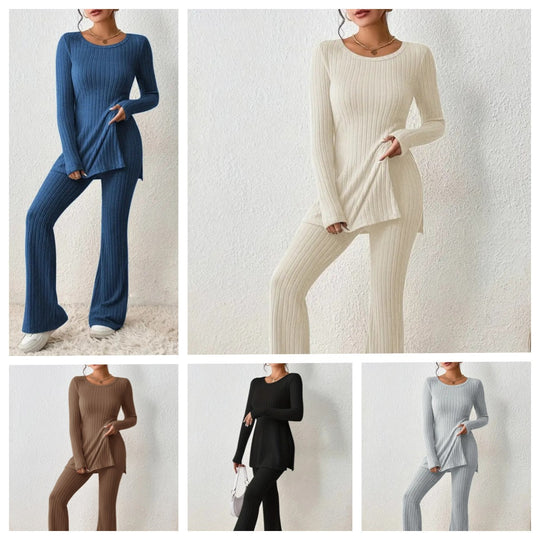 Damen Fein geripptes Lounge-Set mit langen Ärmeln und ausgestellten Beinen Heidi-Mode