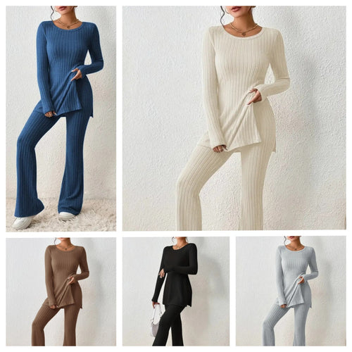 Damen Fein geripptes Lounge-Set mit langen Ärmeln und ausgestellten Beinen Heidi-Mode