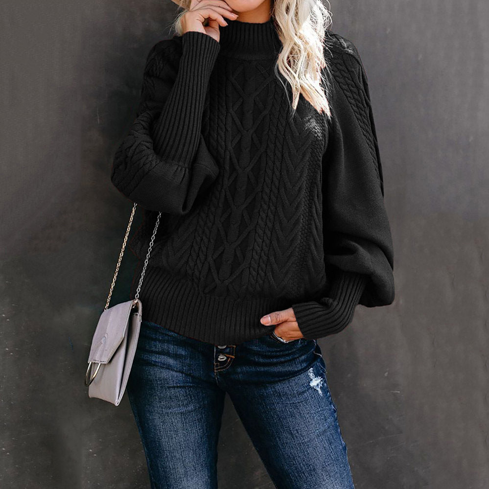Damen Grobstrickpullover mit hohen Kragen und voluminösen Ärmeln Heidi-Mode