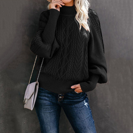 Damen Grobstrickpullover mit hohen Kragen und voluminösen Ärmeln Heidi-Mode