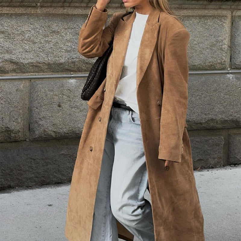Damen Eleganter Wildleder-Trenchcoat mit doppelt geknöpftem Design Heidi-Mode