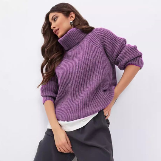 Damen Strickpullover mit hohem Kragen und Wabenstruktur Heidi-Mode