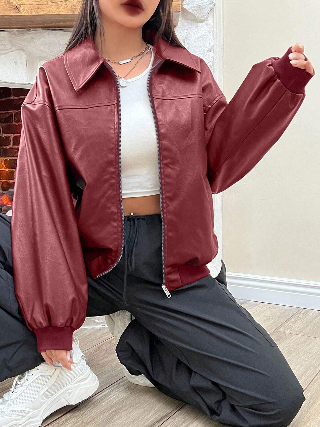 Damen Trendige Oversize-Jacke mit voluminösen Ärmeln und Reißverschluss Heidi-Mode