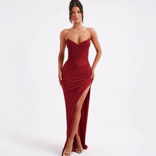 Damen Elegantes Wickelkleid mit schulterfreiem Design und hohem Schlitz Heidi-Mode
