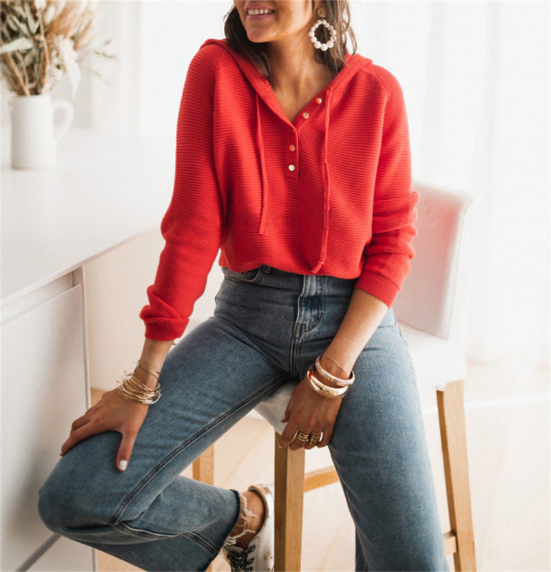 Damen lässiger Kapuzenpullover mit Knopfleiste und hohem Kragen Heidi-Mode
