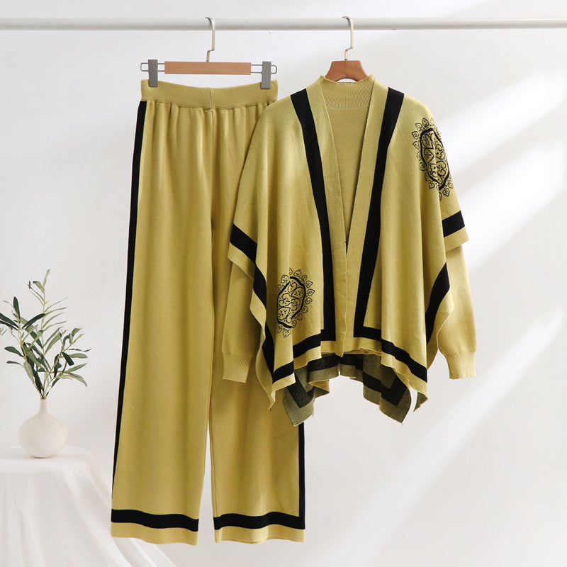Damen elegantes Strick-Loungewear-Set mit grafischem Muster und weiten Ärmeln Heidi-Mode