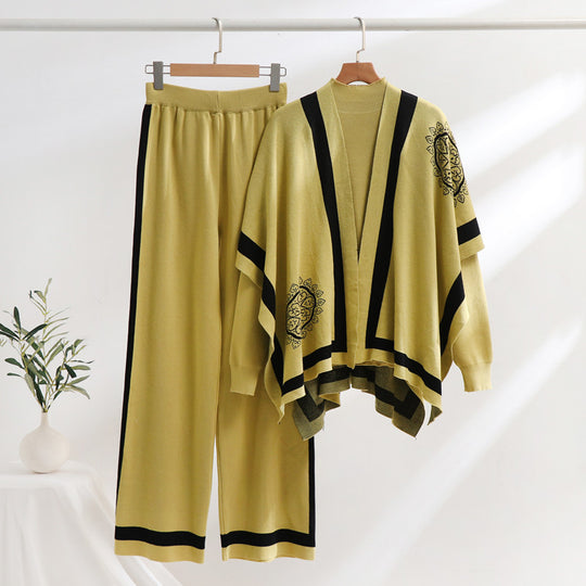 Damen elegantes Strick-Loungewear-Set mit grafischem Muster und weiten Ärmeln Heidi-Mode