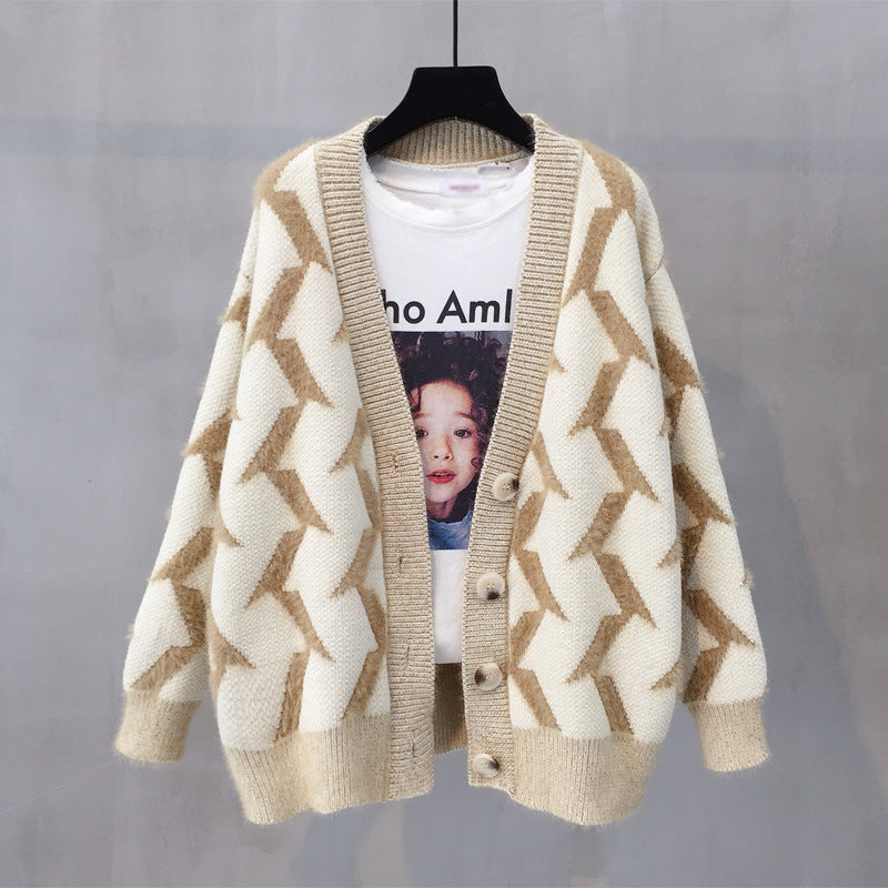 Damen Grobstrick Cardigan mit modernem Zickzackmuster und Knopfdetails Heidi-Mode