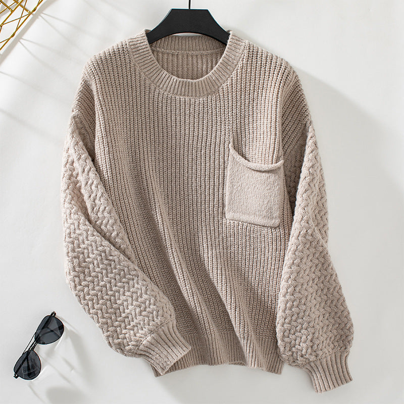 Damen Pullover mit strukturiertem Zopfmuster und Brusttasche Heidi-Mode
