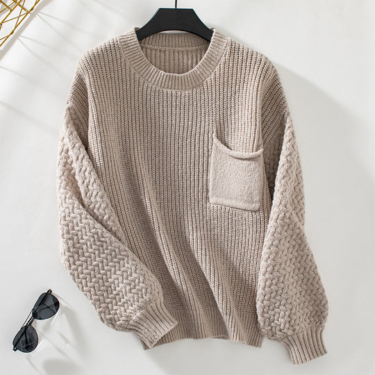 Damen Pullover mit strukturiertem Zopfmuster und Brusttasche Heidi-Mode