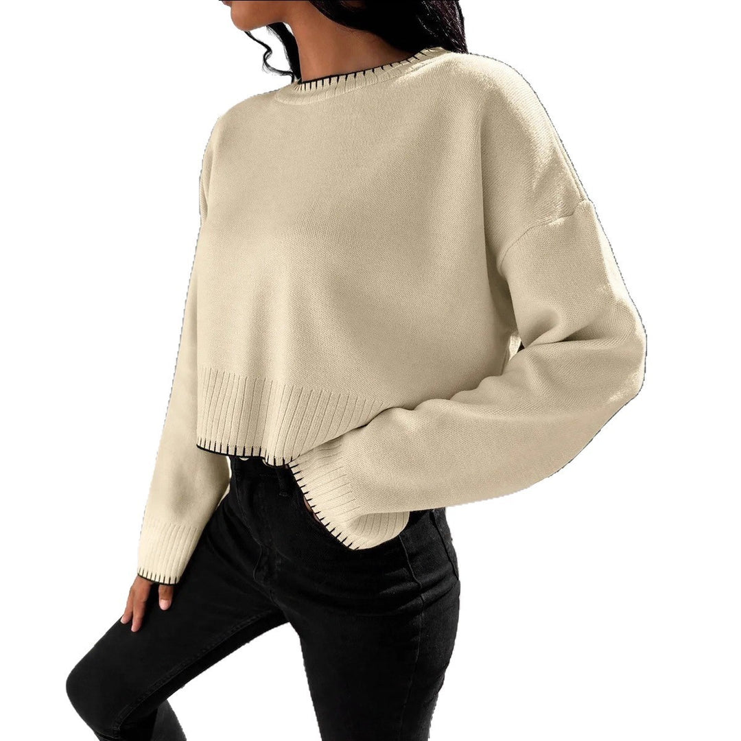 Damen lässiger Crop-Pullover mit strukturierten Säumen und Rundhalsausschnitt Heidi-Mode