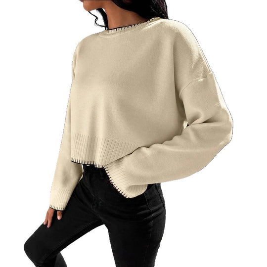 Damen lässiger Crop-Pullover mit strukturierten Säumen und Rundhalsausschnitt Heidi-Mode
