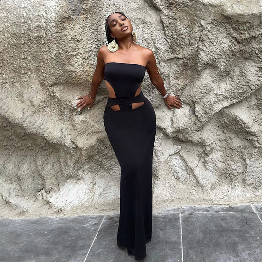 Damen Maxi-Kleid mit elegantem Asymmetrischem Ausschnitt und Innovativem Cut-Out-Design Heidi-Mode