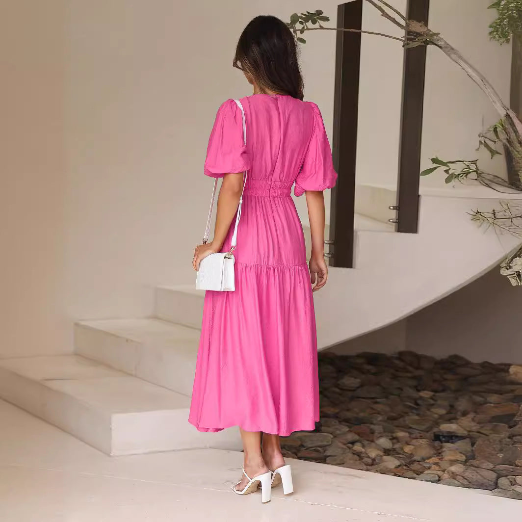 Damen Maxikleid mit voluminösen Puffärmeln und tiefer V-Ausschnittgestaltung Heidi-Mode