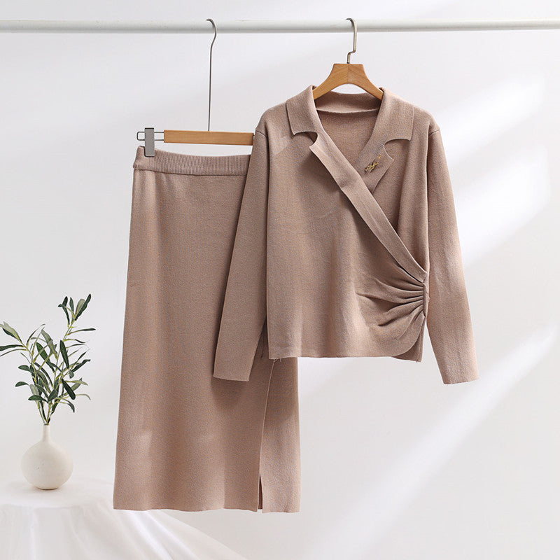 Damen elegantes Strickensemble mit Wickeloberteil und raffinierter hoher Taillierung Heidi-Mode