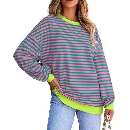 Damen lässiger gestreifter Sweatshirt mit Oversize-Schnitt und bequemen Details Heidi-Mode
