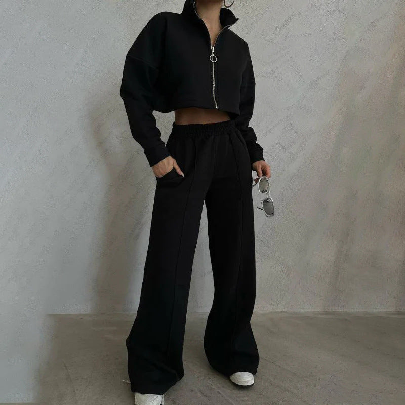 Damen modisches Cropped Hoodie-Set mit hohem Kragen Heidi-Mode