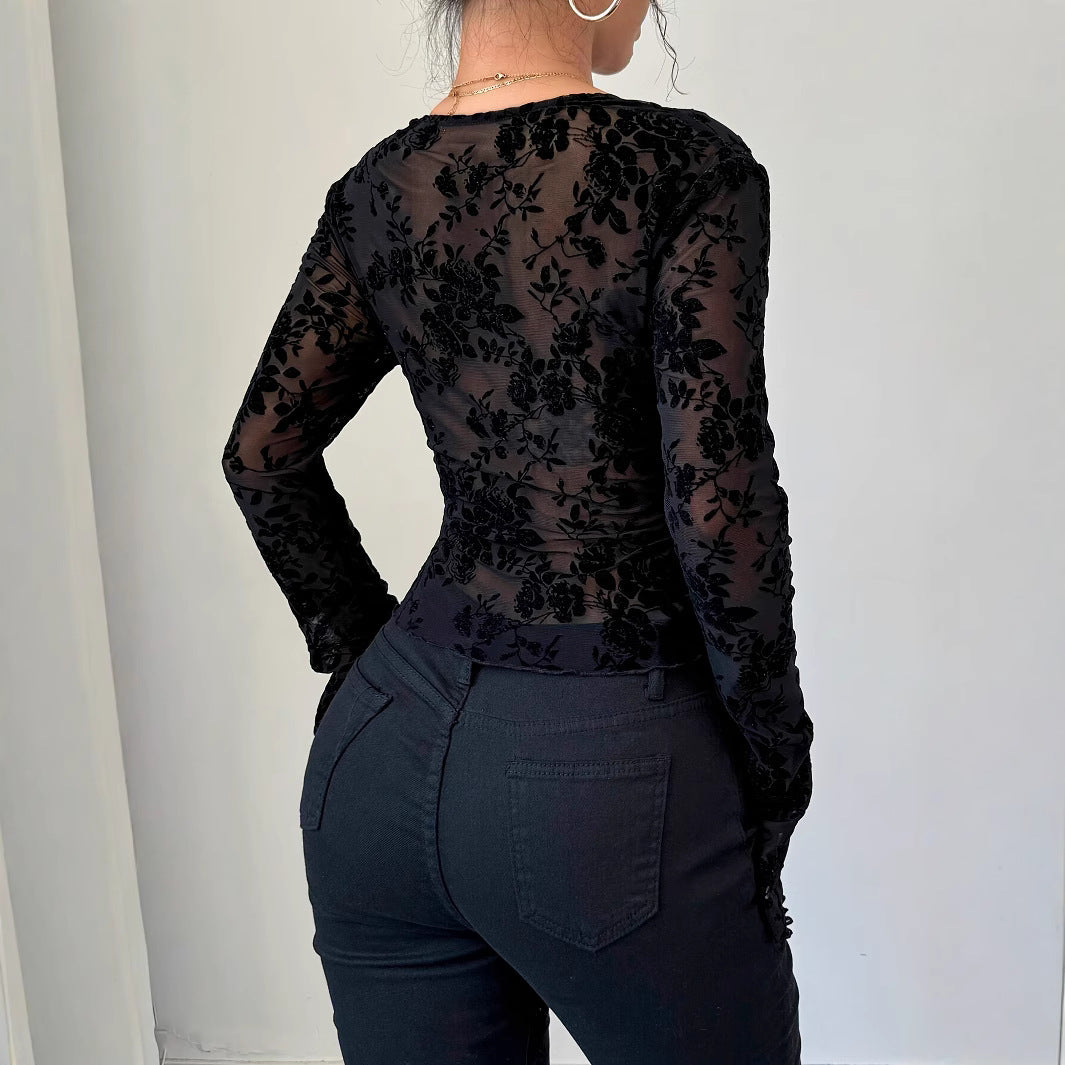 Damen Elegantes Spitzenoberteil mit tiefem V-Ausschnitt und Rüschendetails Heidi-Mode