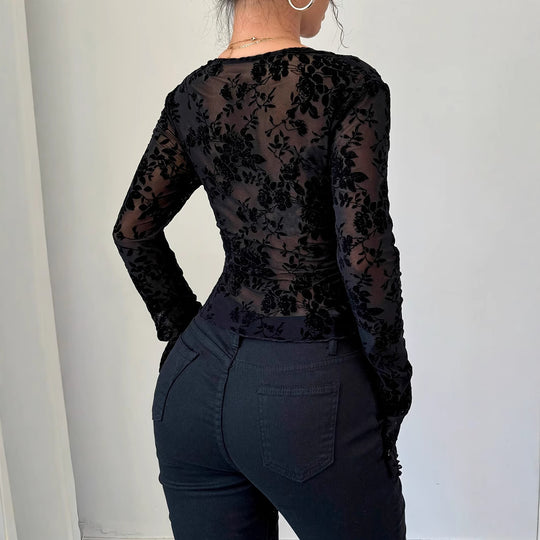 Damen Elegantes Spitzenoberteil mit tiefem V-Ausschnitt und Rüschendetails Heidi-Mode